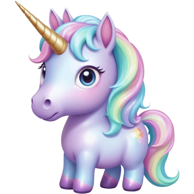 Cinematic pastel-colored unicorn, flowing iridescent mane, big sparkling eyes, tiny rounded hooves, soft chubby cheeks, delicate magical glow surrounding, enchanting and dreamy. emoji