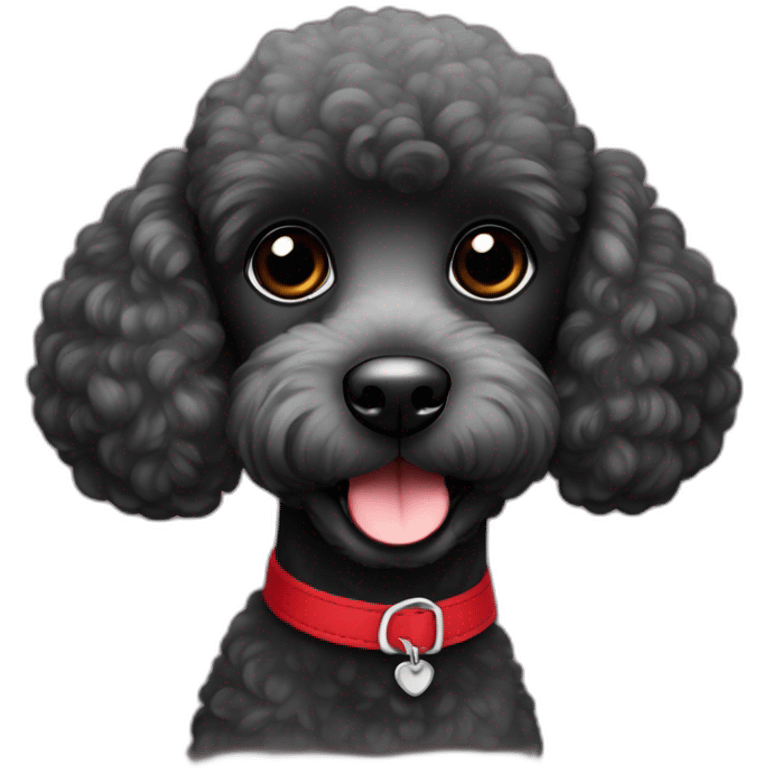 A cute tiny black poodle with black eyes and red collar emoji