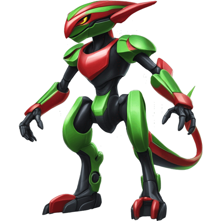 a shiny black-green-red Genesect-Flygon-Raptor-Fakémon-Medabot-hybrid with a futuristic visor-helmet full body emoji