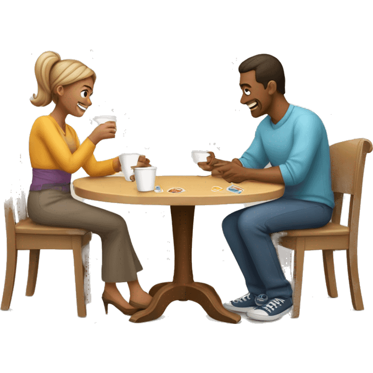 An emoji of a family—mother, father, and child—sitting at a table, playing a cup game with paper cups arranged on the table as they have fun together emoji