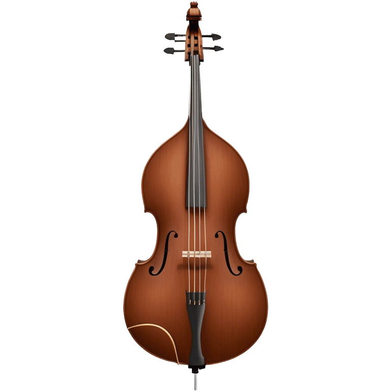 Create an elegant and detailed emoji representing a Gliga Gama double bass with bow. The design should showcase the large, sleek body of the double bass with its rich wood finish, including the characteristic curves and deep tone holes. The bow should be elegantly positioned next to the instrument, highlighting the hair and smooth wooden stick. Use warm wood tones like chestnut brown for the body of the bass, silver accents for the fittings, and dark brown for the bow. Add subtle musical notes or sound waves flowing from the bass to represent its deep, resonant sound. The background should be transparent. emoji