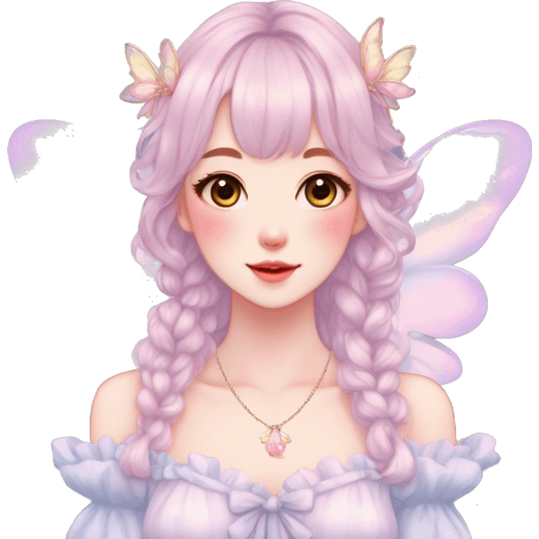 Gorgeous pastel anime style lady with blushing face and fairy wings necklace cottagecore fairycore pastelcore colorful pearly romantic simplistic aesthetic trending style emoji