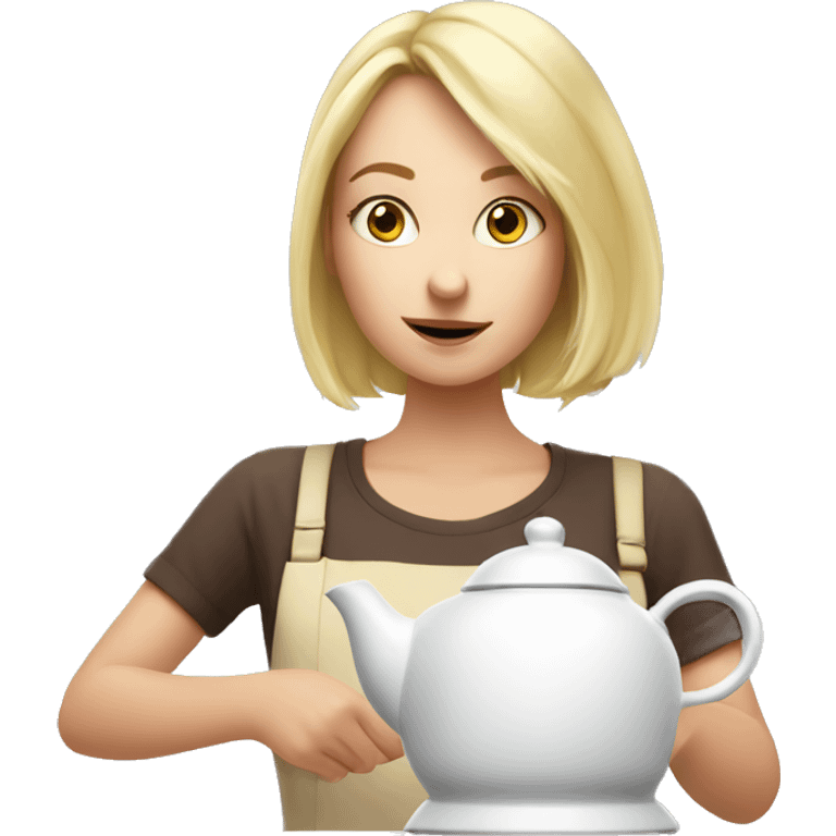 Blonde girl making tea with a white kettle she looks amazed emoji