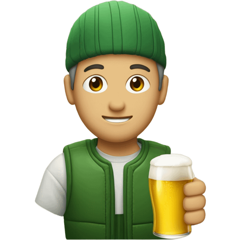 una persona con un chaleco verde y el logo de LA ONCE bebiendo una cerveza emoji