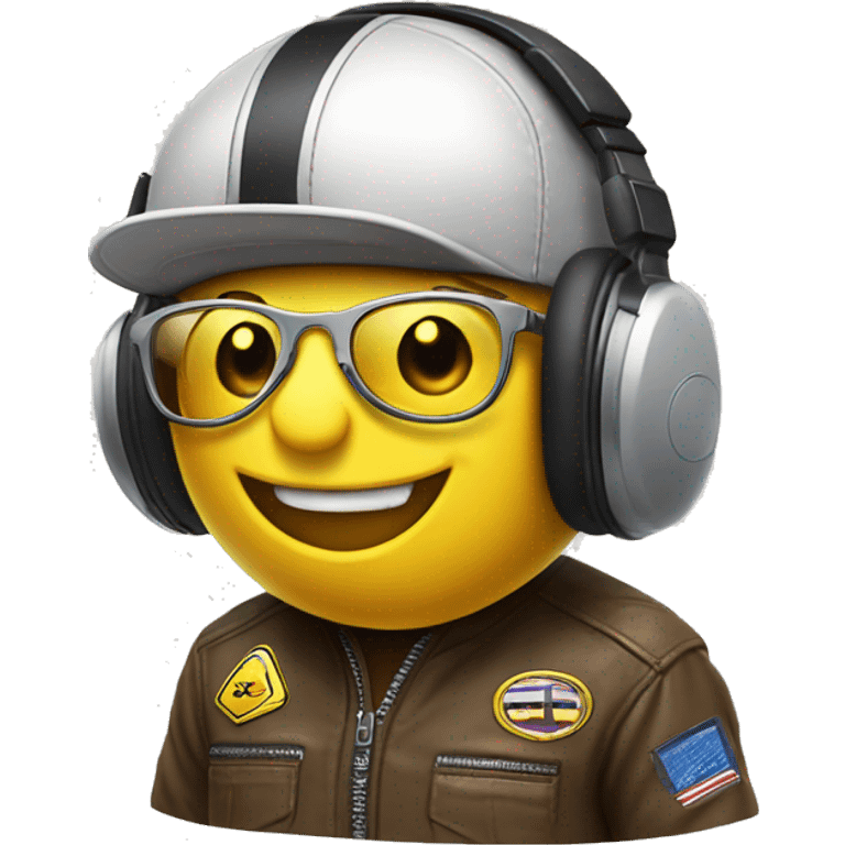 smiley yellow face wearing aviator glasses and racing headset and cap  emoji