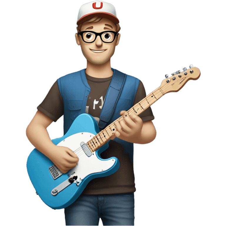 A nerdy white guy with glasses with short brown hair wearing a baseball cap playing a blue classic telescaster emoji