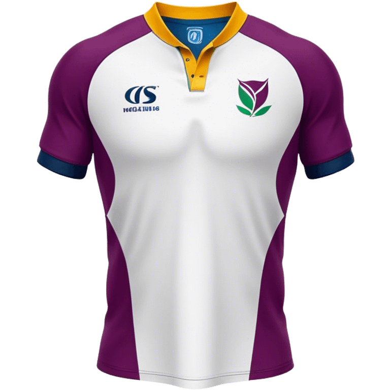 Cinematic Realistic image of a rugby jersey rendered in bold, dynamic team colors with intricately detailed fabric textures and natural creases, illuminated by dramatic stadium lighting emoji