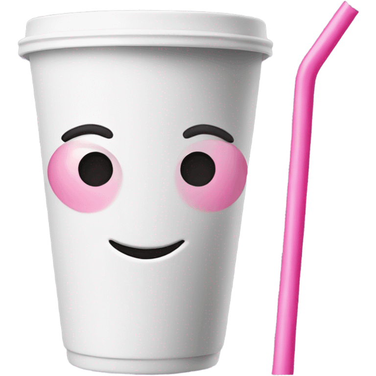 White drink cup with pink straw and face emoji