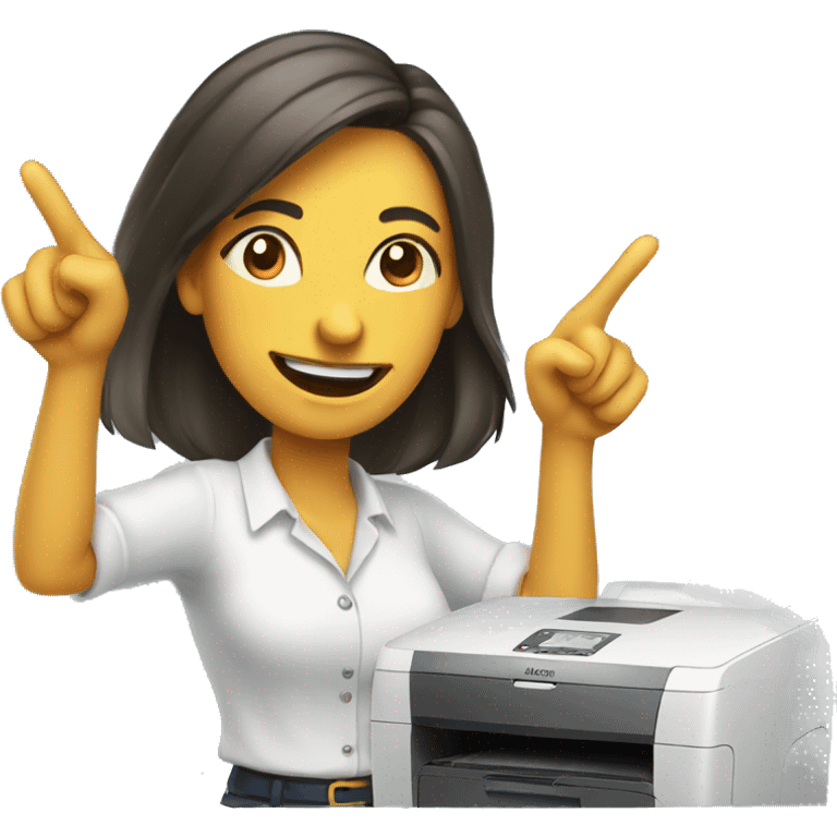 woman pointing to a home printer with a smug face emoji