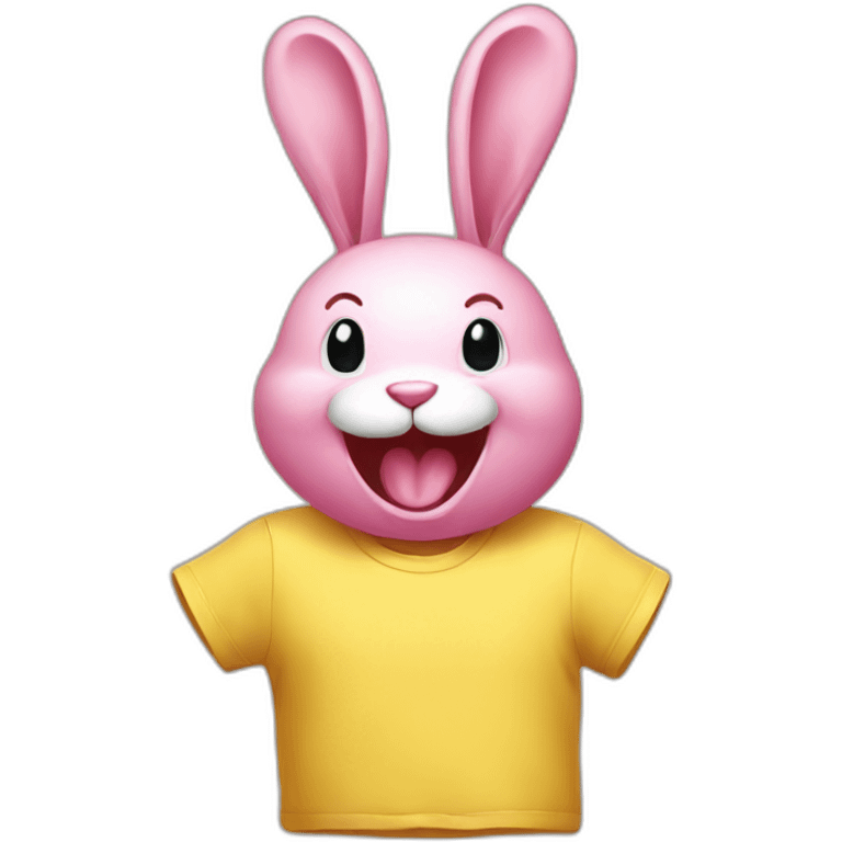 Pink rabbit, yellow tee shirt, laughing emoji