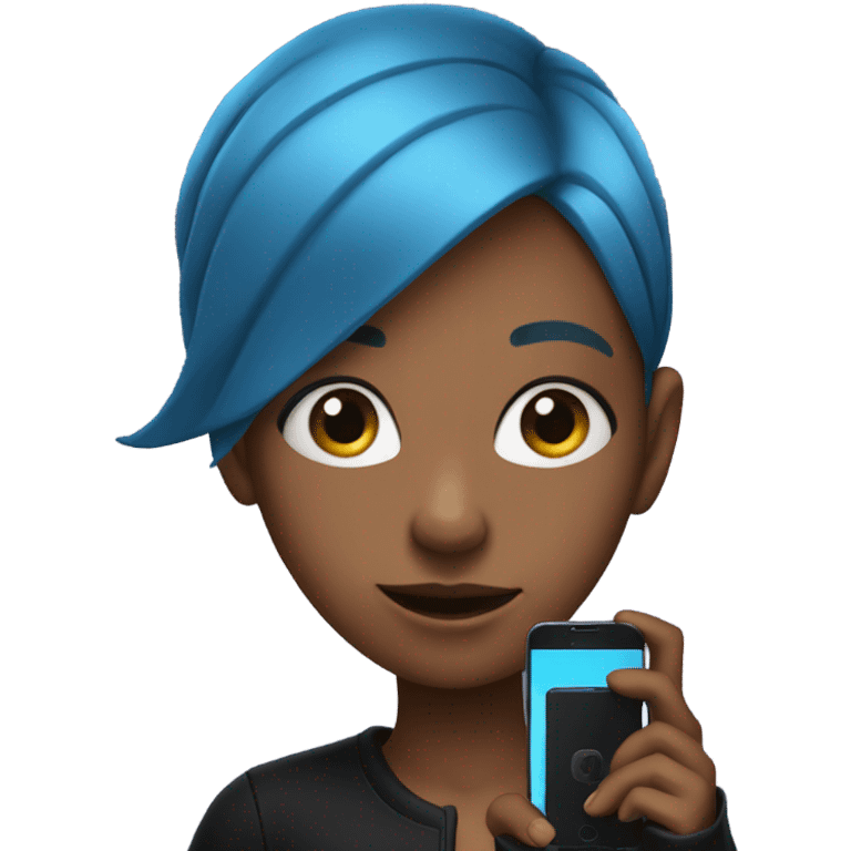 girl with blue hair in black clothes holding a phone emoji