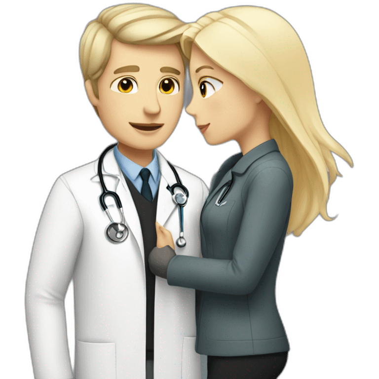 white doctor girl with black hair kissing a white man with blond hair and a jacket emoji