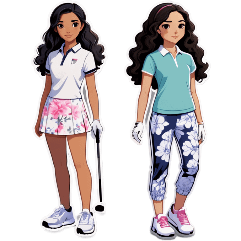  one  girl with black hair and white skin with golf clothes on, one Asian girl with workout pants and wavy mid lengthblack hair, and one American girl with long curly dirty blond hair and a floral dress on. All three are teens. They are all friends emoji