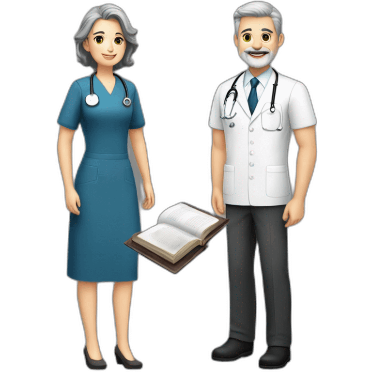 husband classy caucasian 55 dark gray hair trimmed beard executive holding bible, with wife asian age 55 dark hair nurse uniform, no children emoji