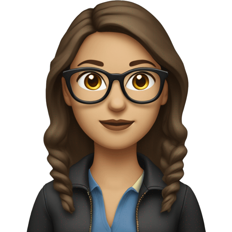 character with lightly tanned fair skin,  She is wearing wayfarer-style glasses with a black upper frame and has small gold hoop earrings. The character is a female IT developer brown hair,blue eyes. Her dark brown hair working with a MacBook
 emoji