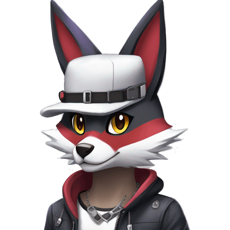 Cool Anthro Noibat-Zangoose-Lycanroc-Quilava-Litten-Sphynx-Pokémon with edgy stripes collar punk techwear cool fiddler-hat Full Body emoji