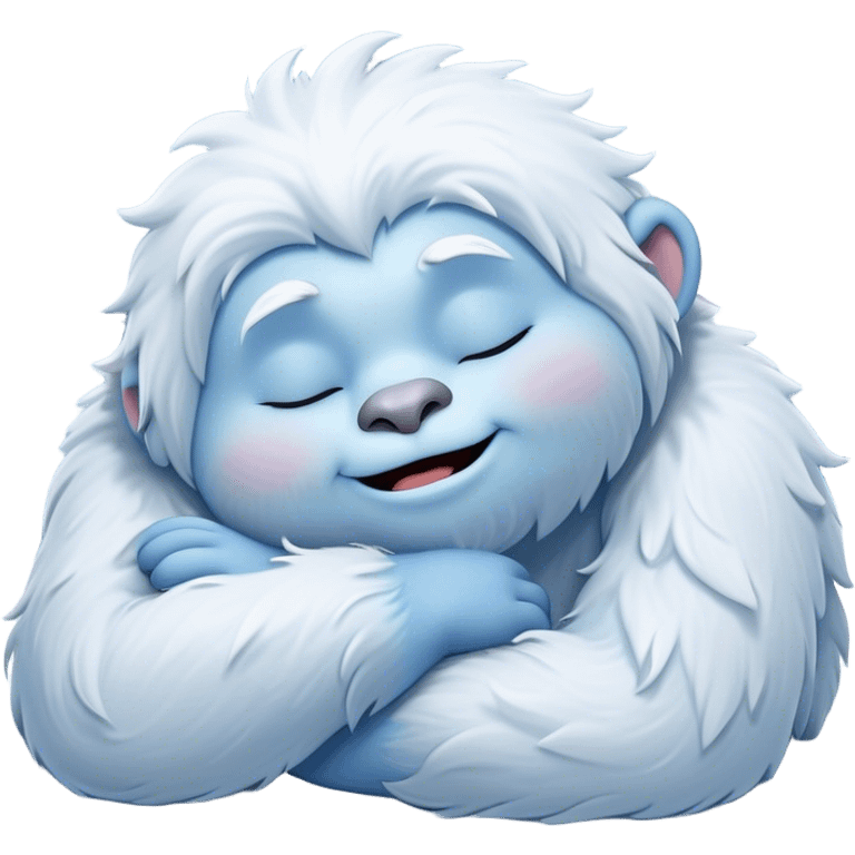 Meme-Worthy Cute Sleeping Yeti Portrait Emoji, with a charming, fluffy, snow-dusted figure in gentle whites and cool blues, head resting in blissful, serene slumber with closed, peaceful eyes and a small, contented smile, simplified yet irresistibly adorable, highly detailed with a soft frosty outline that captures the tender drowsiness of a yeti drifting into snowy dreams! emoji