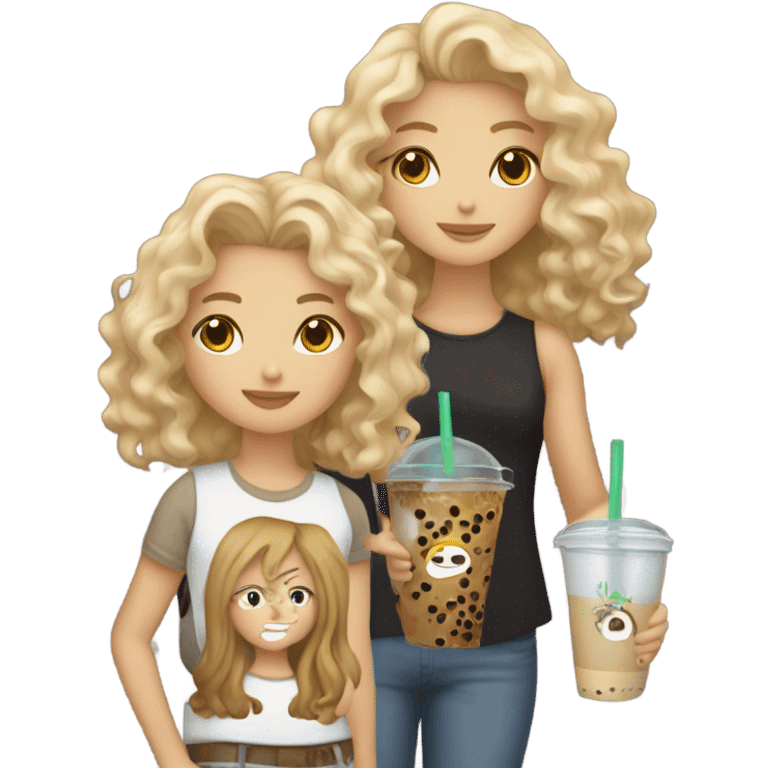 Dirty blonde girl holding a brown boba tea with a wavy curly haired girl standing next to her the girl is brown  emoji