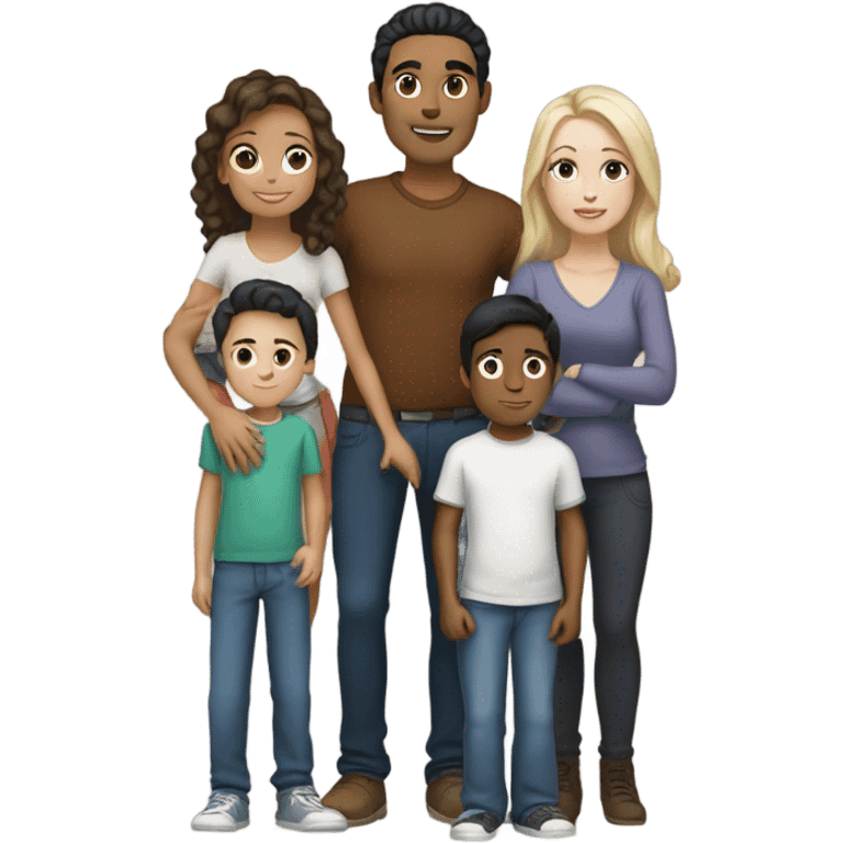 Couple with three kids. Mixed man. White woman. emoji