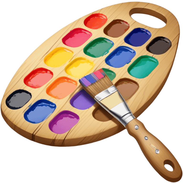 Cinematic Realistic image of a vibrant paint palette and brush, featuring a wooden palette smeared with an array of richly blended colors and a finely detailed brush with soft, delicate bristles, set against a softly textured background that evokes artistic inspiration emoji