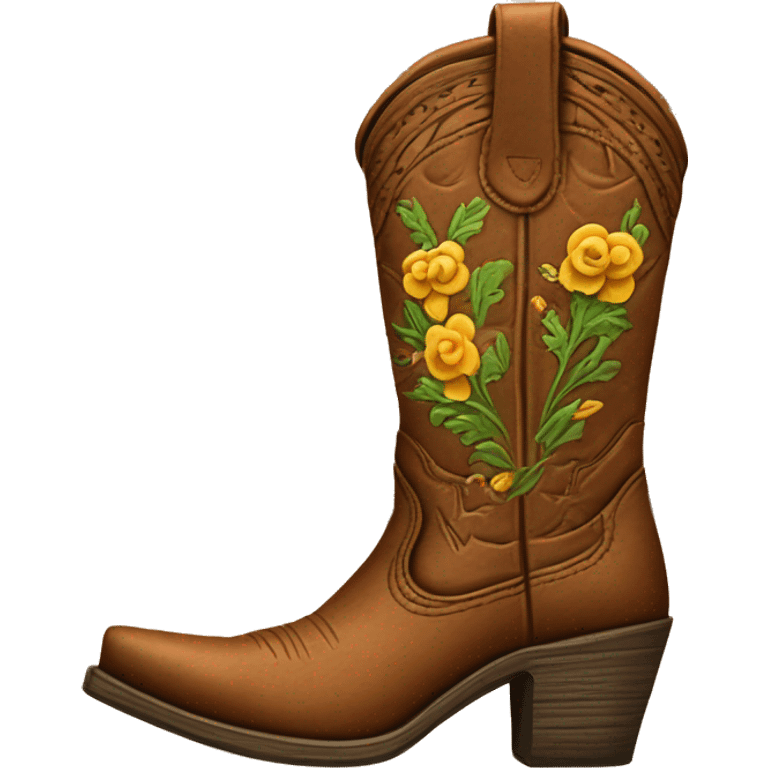 Realistic pair of isolated rleather wooden tooled flower pattern cowgirl boots. emoji