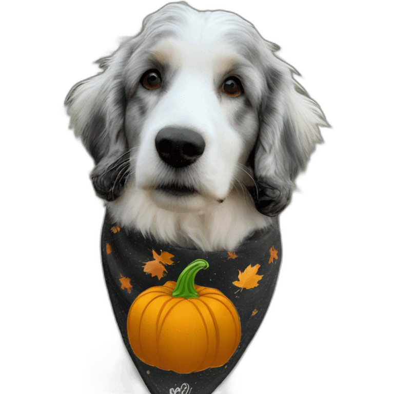 black and white aussie doodle with a pumpkin and fall bandana emoji