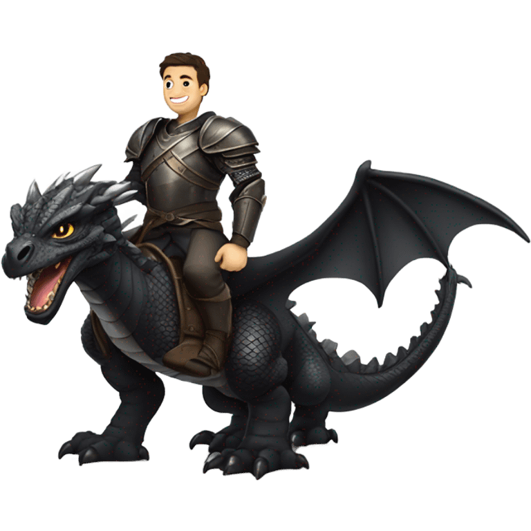 Confident armored White Man with dark brown hair and a short beard riding on the back of a giant armored black dragon emoji