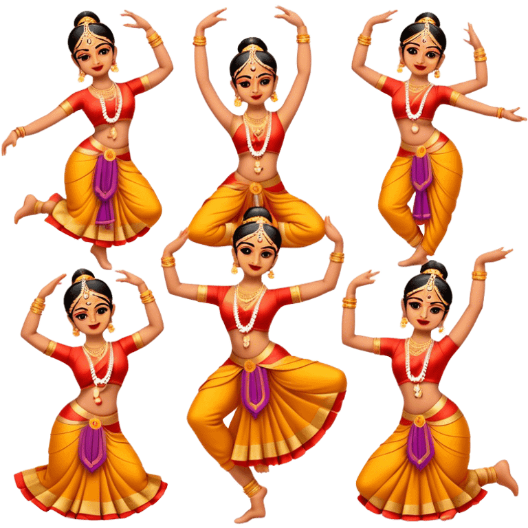 Cinematic Realistic Bharatanatyam Dance Emoji, depicted as an elegant classical Indian dance performance with graceful poses, intricate costumes, and expressive hand gestures, rendered with rich textures and warm dramatic lighting that captures its timeless beauty. emoji