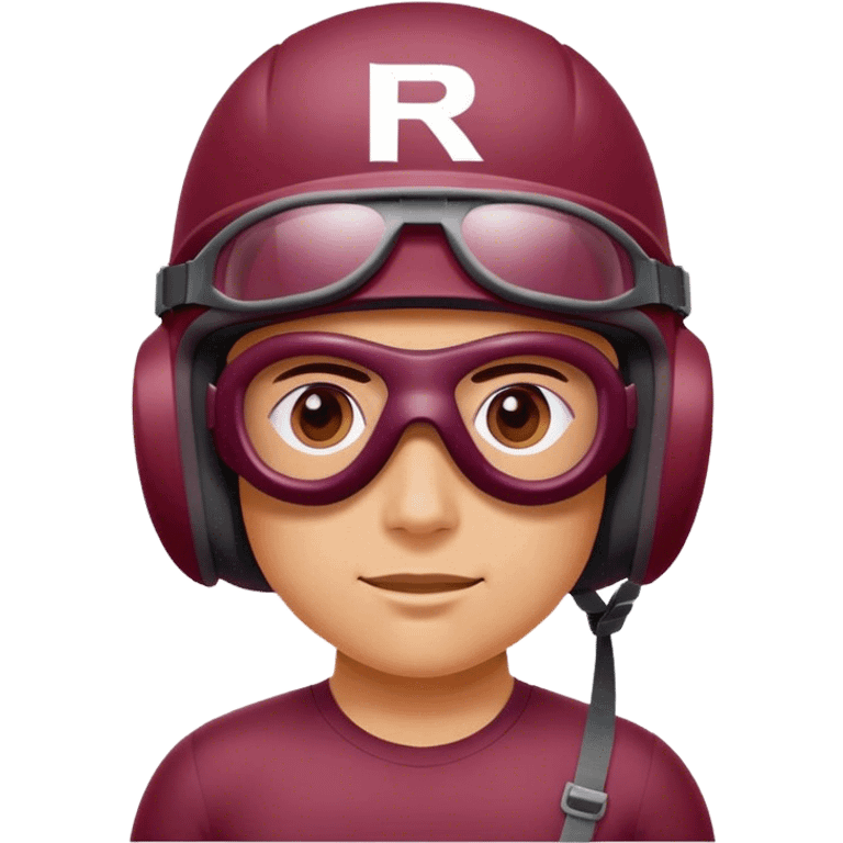  Guy wearing sports goggles in a maroon helmet with the letter R on the side  emoji