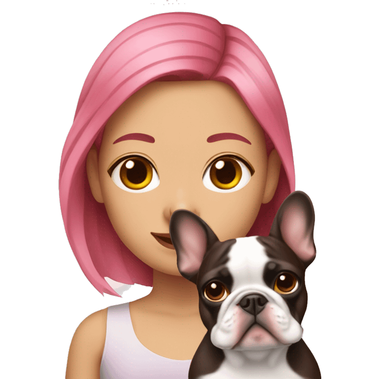  girl with pink hair holding a brown and white french bulldog  emoji