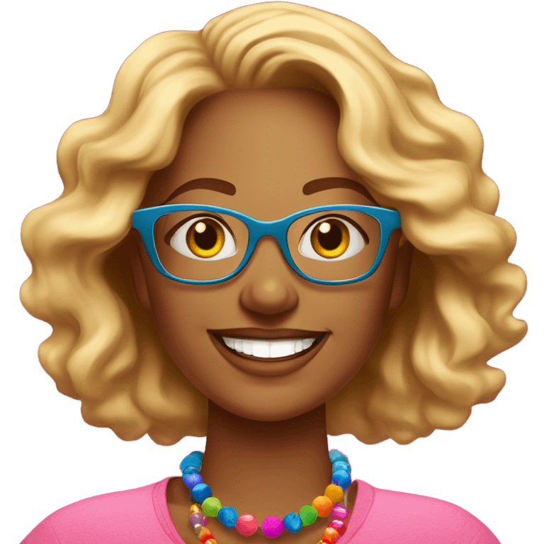  cheerful woman with wavy blonde hair and glasses, wearing a pink shirt and colorful beaded necklace, smiling brightly against a vibrant red background." setting on the moon emoji