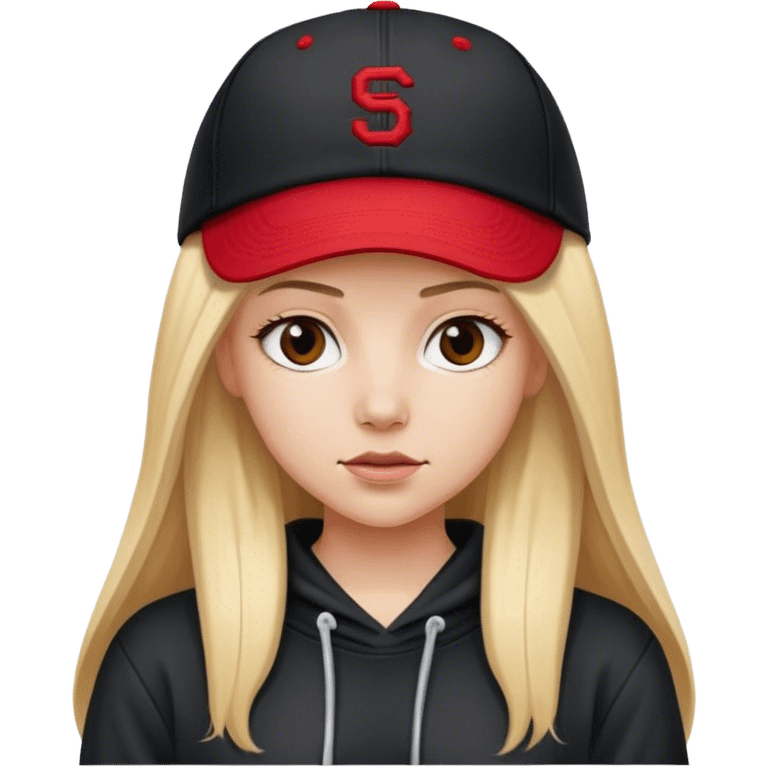 White girl with long straight blonde hair with a middle part wearing a black baggy hoodie with a red baseball cap on. Make hoodie black with no strings on it  emoji