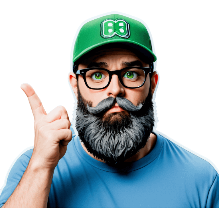 A bold man with a grey baseball cap, green eyes, big beard and glasses blows a kiss emoji