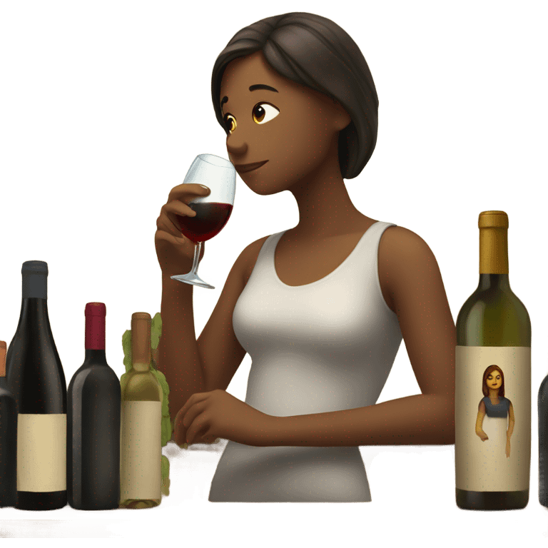 Girl looking at wine bottle emoji