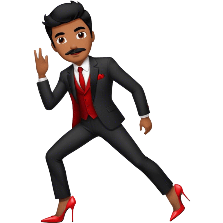 Man in a black suit suit and red strappy high heels with black hair and black mustache and brown skin emoji