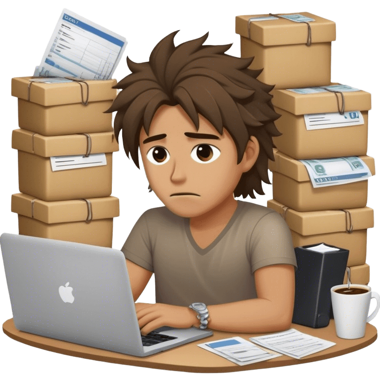 Create an emoji of an exhausted entrepreneur chained to their laptop, with stacks of invoices around them. They have tired eyes, messy hair, and a cold coffee next to them, symbolizing endless work without real progress. emoji