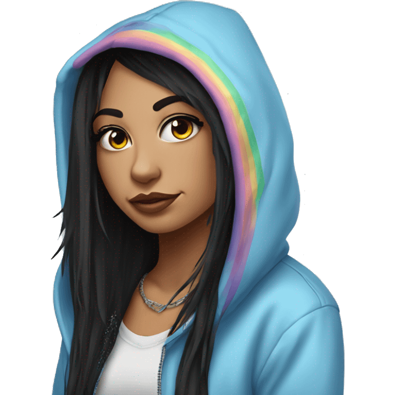 Pretty Girl with tattoos, long eyelashes, winged eyeliner, sky blue eyes, long black hair with rainbow fringe wearing a hoodie emoji