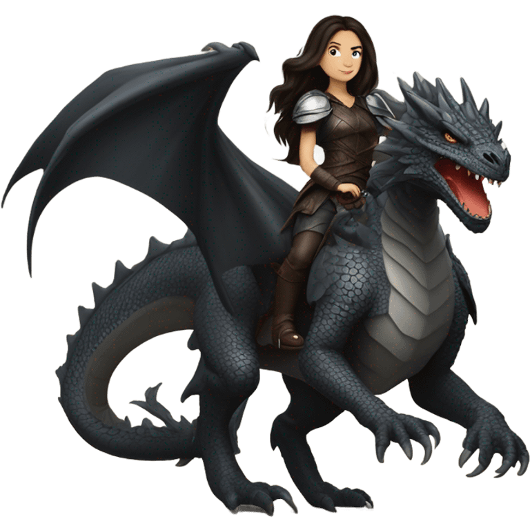 Determined and beautiful armored White Woman with dark brown long hair riding on the back of a giant black dragon emoji