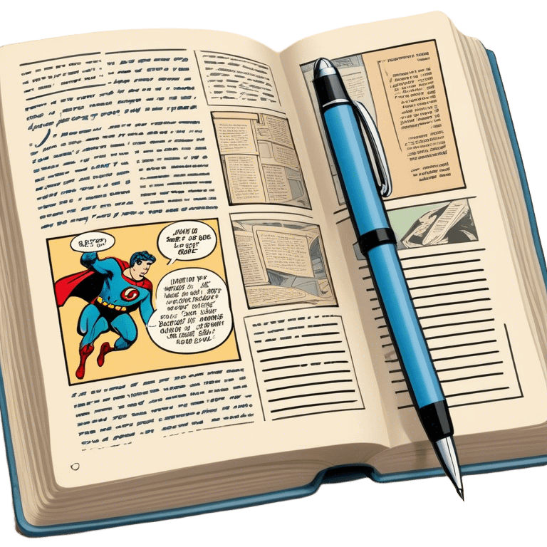 Create a detailed emoji representing the process of writing texts for comic books. The design should feature a large, open comic book with vintage comic strips visible on its pages. A pen should be shown writing text on one of the comic panels, but without a hand. The pencil should appear as though it is actively creating the dialogue or narration. Use a classic color palette with muted tones for the comic book and brighter accents on the pencil to draw attention to the writing process. Do not include any emojis or smiley faces. Make the background transparent. emoji