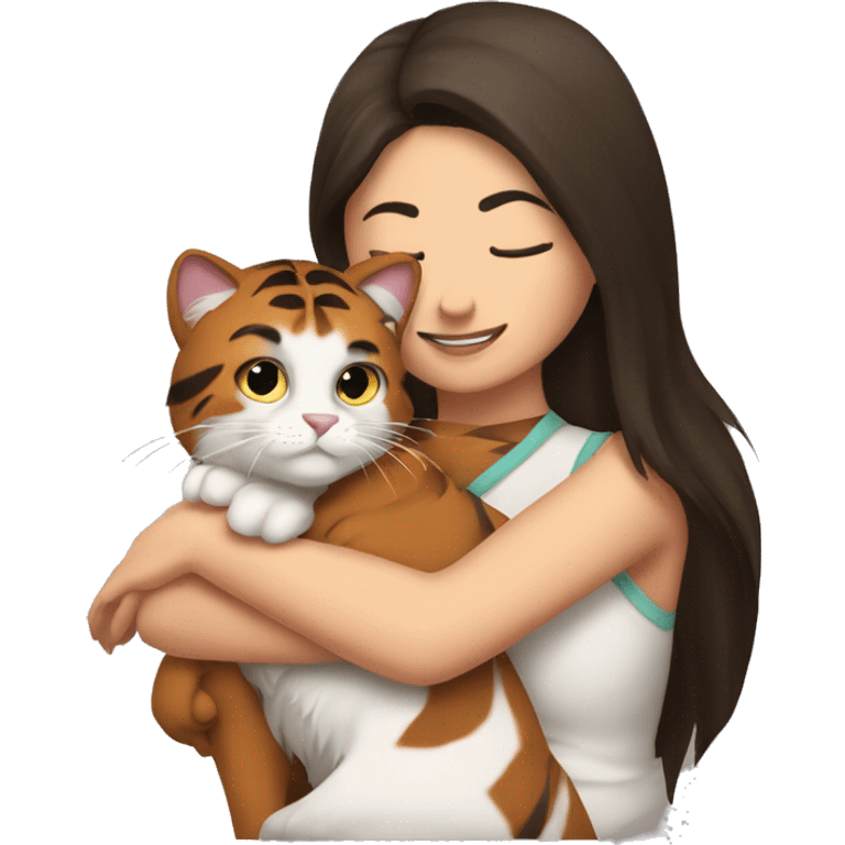 Brunette woman hugging a Himalayan tiger cat emoji