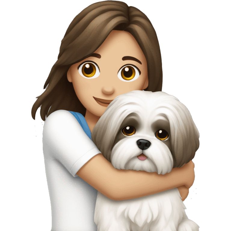 Brunette girl hugging her white Shih tzu emoji