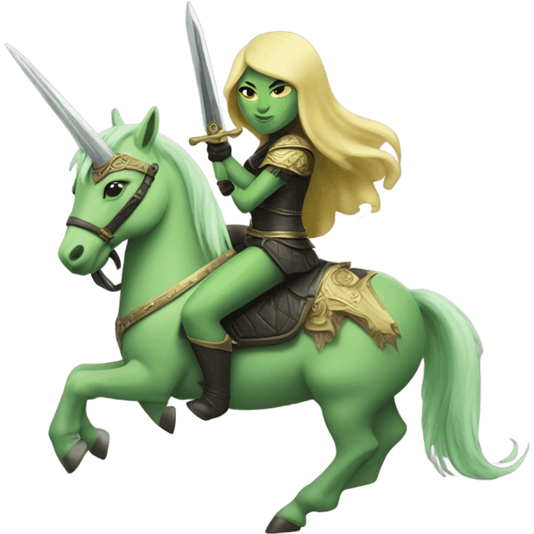 green amazon alien woman on a light yellow unicorn with black mane holding a sword and shield

a green amazon alien woman on a light yellow unicorn with black mane holding a sword and shield emoji