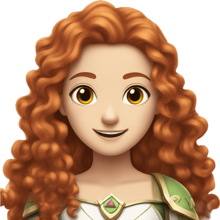 a white girl with long red curly hair and freckles, cosplaying Princess Zelda posing and smiling emoji