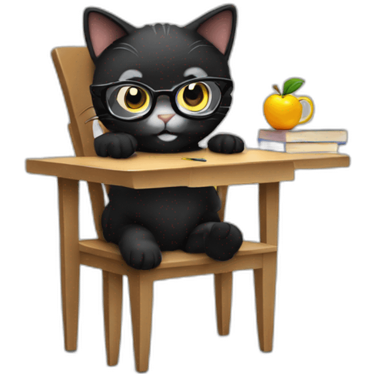 a cat teacher sit in a chair by desk with glasses and black dress emoji