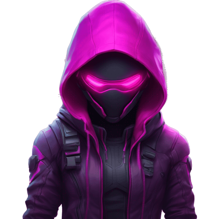 developer behind his laptop with this style : crysis Cyberpunk Valorant neon glowing bright pink girl character dark pink purple black hooded assassin themed character emoji