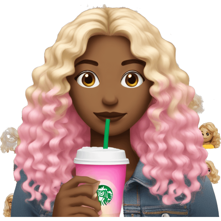 girl with brown and blonde ombré long curly hair holding Pink starbucks refresher emoji