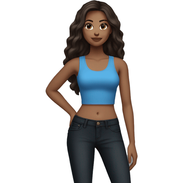 Medium size girl skin tone fair long dark brown hair in blue tank top and black high waist skinny jeans emoji