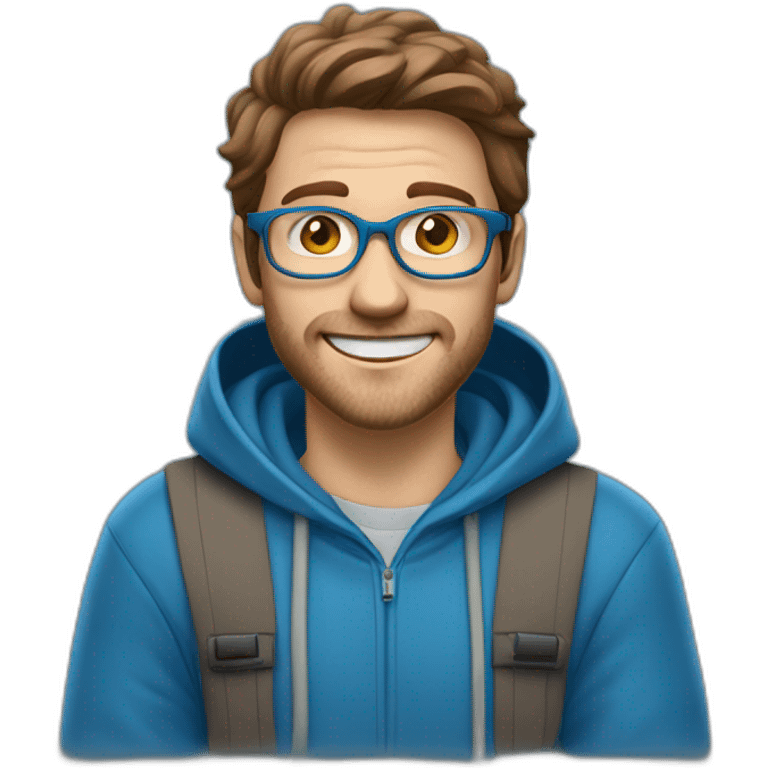 white man with brown hair and hazel eyes and glasses wearing blue hoodie feeling excited emoji