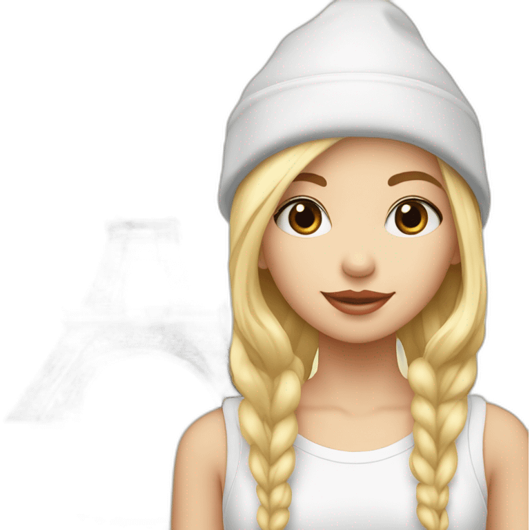 White, blond girl avec un bonnet la Tour Eiffel derrière la fille  emoji