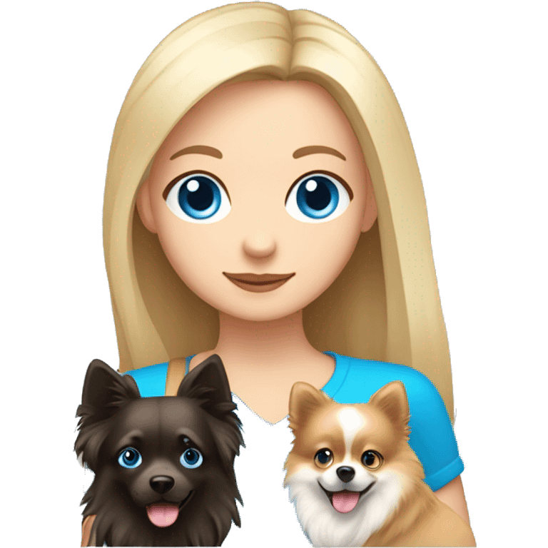 Girl with long blond hair an blue eyes and a boy with dark hair and blue eyes holding a pomeranian  emoji